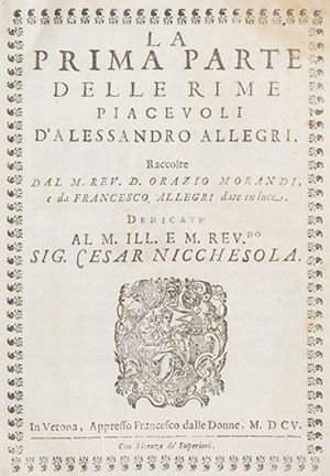 EDIZIONE ORIGINALE rara a trovarsi completa di tutte e 4 le parti. Gamba 27. 
L’opera si offre con attestato di Libera Circolazione.
The lot is sold with a valide Export License. La prima [quarta] parte delle rime piaceuoli