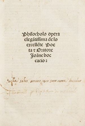 Bella e rara edizione, di quest&rsquo;opera giovanile del Boccaccio, ispirata al poemetto francese Floire et Blanchefleur attestato fin dal secolo XII. Bacchi della Lega pp.104-05 'di qualche rarita'. Philocholo, opera elegantissima.