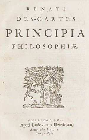 Quarta edizione, la seconda in latino, ristampa di quella del 1644 con traduzione latina de le 'Lettre de l'Autheur a celuy qui a traduit le livre' che apparvero per la prima volta nella prima edizione francese del 1647. Guibert pp.121-22; Willems 1106 parte 1. 
 Principia philosophiae