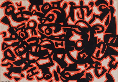 Segni neri con rosso, vinilico su tela, 1985