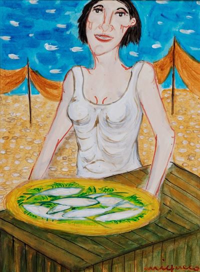 Venditrice di pesce, china colorata su carta