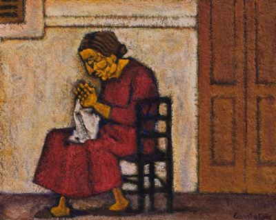 Donna seduta, olio su masonite