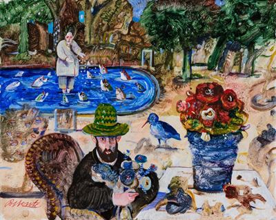 I pesci nel laghetto, olio su masonite