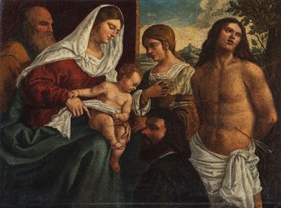 Da Sebastiano del Piombo, Sacra Conversazione con donatore, olio su carta applicata su tela