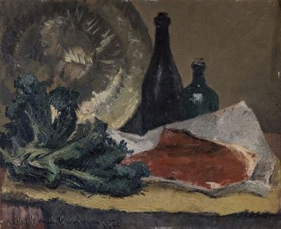 Natura morta con bottiglia, olio su tavola, 1928