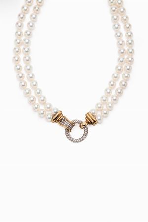 in oro bicolore 18kt, perle coltivate e diamanti