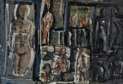 Composizione con figure, tempera e china su carta applicata su tela