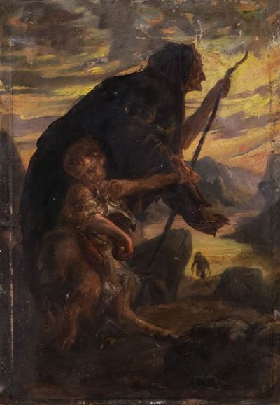Autore non identificato, Scena mitologica con piccolo satiro, olio su cartone