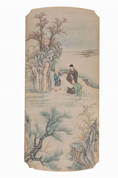 Coppia di opere su carta, Due scroll cinesi raffiguranti anatre e fiori e paesaggio con personagg...