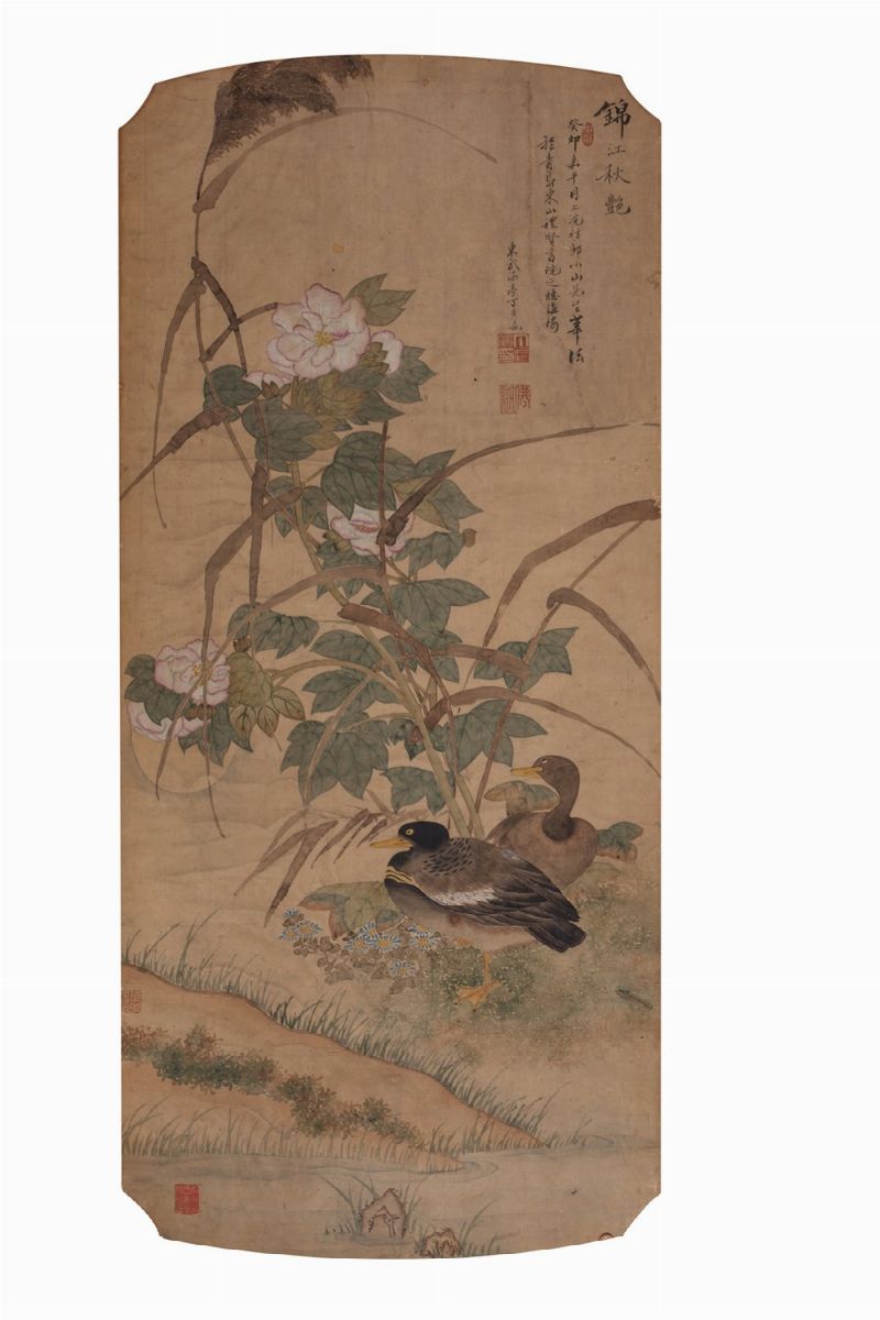 Coppia di opere su carta, Due scroll cinesi raffiguranti anatre e fiori e paesaggio con personagg...