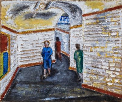 Parigi, metro con tre figure, olio su tela applicata su tavola, 1957