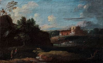 Paesaggio con viandanti e borgo in lontananza, olio su tela