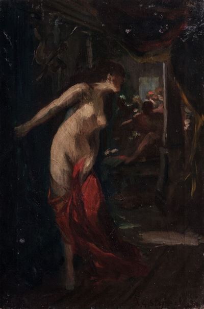 Modella nell'atelier del pittore, olio su tela