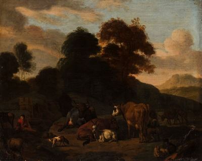 Paesaggio con pastori e armenti, olio su tela