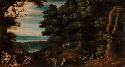 Autore sconosciuto, Paesaggio con Diana e le ninfe al bagno, olio su tavola
