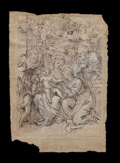 Sacra Famiglia con San Giovannino, Sant'Elisabetta e San Gioacchino, inchiostro bruno acquerellat...