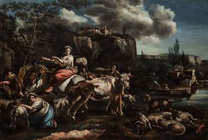 Pastori e armenti in un paesaggio fluviale