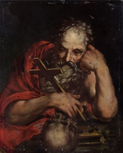 Scuola bolognese, San Girolamo in meditazione, olio su rame