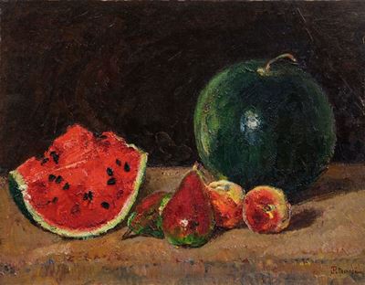Natura morta con pesche, pere e cocomero, olio su tela