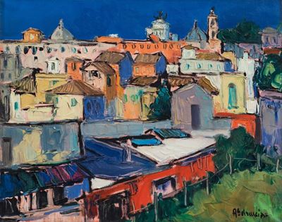 Tetti di Roma, olio su tela
