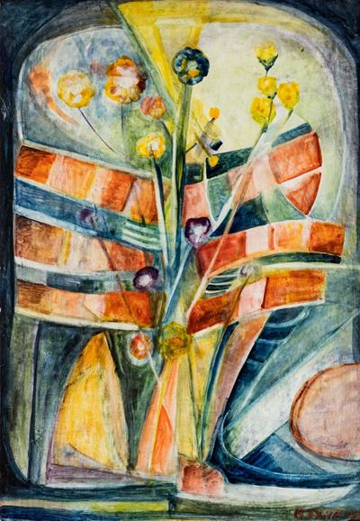 La vetrina del fiorista, encausto su tavola, 1975