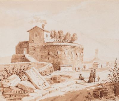Veduta della Via Appia con la Tomba di Cecilia Metella, inchiostro bruno acquerellato su carta