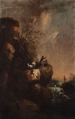 Paesaggio con cascata e pastori con gregge in sosta