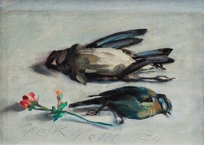 Uccellini e fiore, olio su cartone telato, 1974