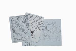 Splendida piccola testimonianza della profonda e intensa amicizia che legò Corrado Cagli a Libero De Libero, amici ma anche co-direttori dal 1935 della Galleria La Cometa della Contessa Anna Laetitia (Mimi) Pecci Blunt.
Nella prima lettera riferisce a Libero della visione di un film sulla giovinezza di Puskin, visione che ha rinnovato in lui un sentimento rimosso: "Molta parte della tua poesia è rinata in me. L'avevo dimenticata e dormiva, oggi ne avevo una memoria lucida come l'invenzione. Perché io non ho il tuo libro, capisci, e allora molte cose non mi venivano più in mente. Non  ho dato il libro a Tallone. Non ne valeva la pena. Avendone con me una sola copia, le ho voluto affidare una missione più delicata. L'ho mandata a un antifascista che negava agli anni di Mussolini la grazia dell'arte e della poesia. Che si guardi intorno e veda e legga. Ma, riandando a questa bellissima mattina, ero felice di ricordare ogni passo e ogni luogo (...)." Conclude riferendo di un suo imminente rientro a Roma dopo il soggiorno parigino legato evidentemente alla celebre mostra del 1937 (18 novembre-1 dicembre) presso la Galerie des Quatre Chemins "Ormai sono saturo di Parigi.", scrive, ed è in fervida attesa del biglietto di ritorno per Roma.

Nella seconda lettera chiede notizie dell'amico, essendo molto tempo che non lo sente. Gli riferisce di una sua colazione con De Chirico, che ha ricevuto una lettera da Libero e si appresta a scrivergli "appena avrà fatto il disegno che ti vorrebbe mandare". Cagli gli chiede delle poesie: "Se hai qualche cosa da mandarmi di tuo (vorrei che mi copiassi su un pezzo di carta alcune tue ultime poesie) potrai farlo attraverso ai Ragazzi. Io sto bene. E penso che la vita è bella anche quando è brutta. Ti abbraccio forte il tuo Corrado." 

Ancora nella terza lettera chiede all'amico perché non scriva, nonostante lui gli abbia mandato una lettera "piuttosto lunga di quattro pagine", e nell'altra parte del foglio abbozza uno schizzo che lo ritrae mentre scrive la lettera in questione.
 Disegni e lettere