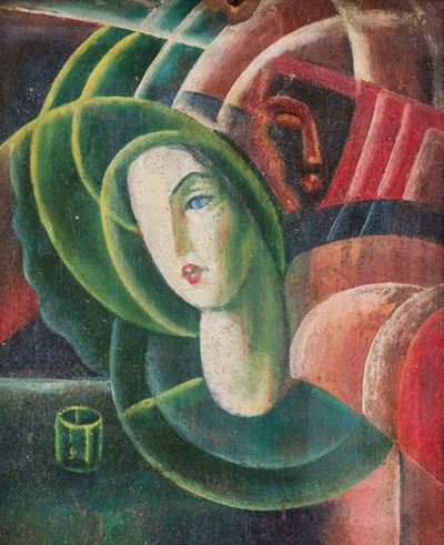 Volto e maschere, olio su cartone
