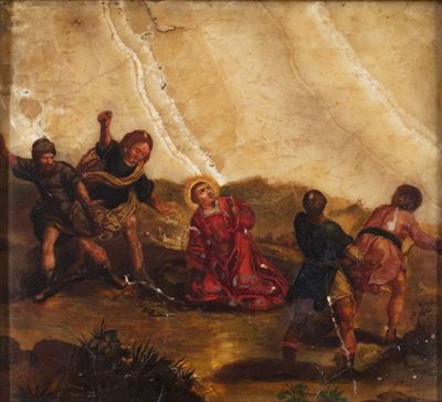 Lapidazione di Santo Stefano, olio su alabastro