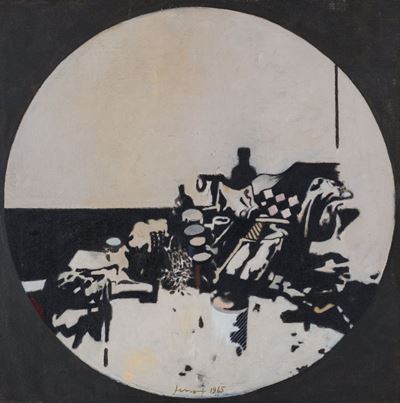 Oggetti in un tondo, olio su tela, 1965