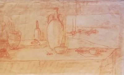 Natura morta - Lo studio del pittore, 1922, sanguigna su carta
