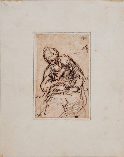 Simone Cantarini, Madonna con Bambino, matita rossa e inchiostro bruno su carta