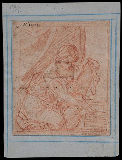 Attribuito a Simone Cantarini, Studio per una figura femminile (Sibilla?), matita rossa su carta