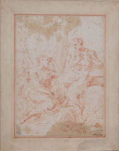 Attribuito a Simone Cantarini, Pan e una ninfa, matita rossa su carta, mm 255 x 190