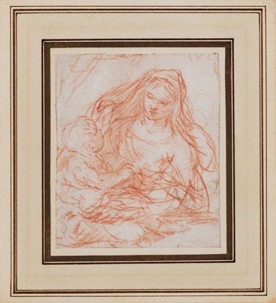 Simone Cantarini, Madonna con Bambino, al recto; e studi per due figure maschili, al verso