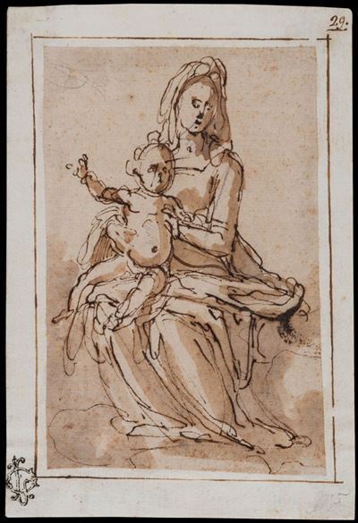 Simone Cantarini, Madonna con Bambino, inchiostro bruno acquerellato su carta