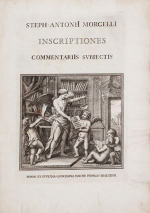 Prima edizione di quest'opera del Morcelli nella quale vengono trascritte e commentate centinaia di iscrizioni ed altrettante iscrizioni vengono graficamente riprodotte nel testo.Cicognara 3137: &ldquo;Tutte le opere di questo dottissimo autore possono riguardarsi come le pi&ugrave; classiche istituzioni e i pi&ugrave; perfetti modelli dello stile lapidario" Inscriptiones, commentariis subiectis