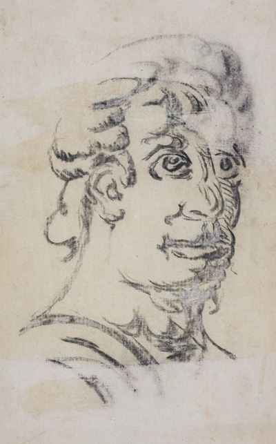 Testa, grafite su carta applicata su tela, 1949