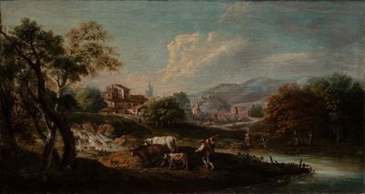 Paesaggio con pastori e armenti, olio su tela