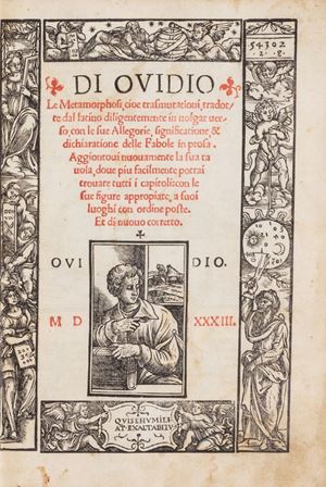 Rara edizione veneziana delle Metamorfosi di Ovidio della versione in rime di Nicola Agostini, tradotte in italiano e arricchita da svariate immagini in xilografia. Le tavole sono esemplate su quelle dell'edizione del 1522.  Le Metamorphosi