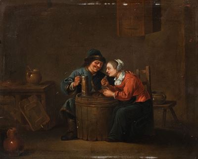 Interno di osteria con due bevitori, olio su tavola