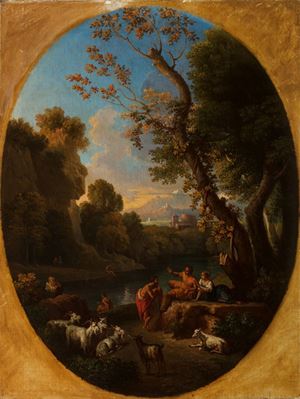 Paesaggio fluviale con astanti e armenti