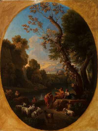 Jan Frans van Bloemen, Paesaggio fluviale con astanti e armenti, olio su tela ovale