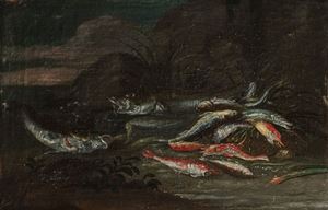 Triglie, sardine e altri pesci con una tartaruga en plein air