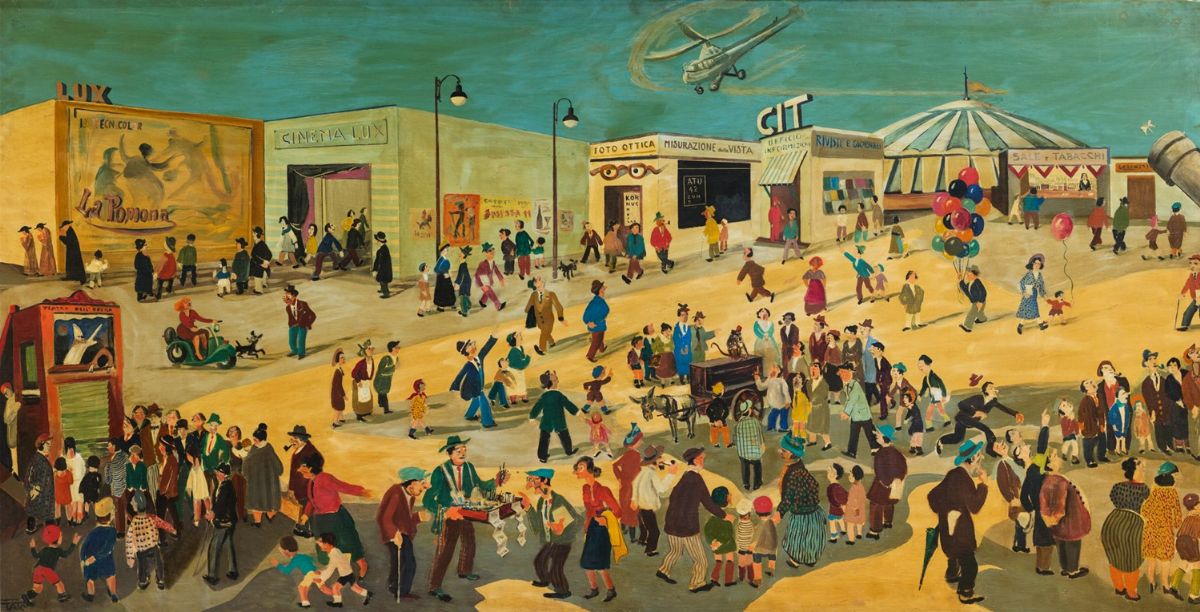 Tato - La fiera, 1928, olio su tavola, 120 x 702 cm (composto da 3 tavole)