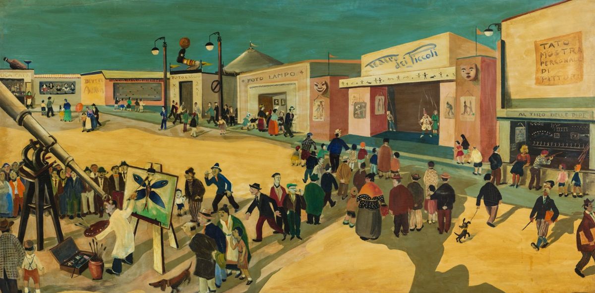 Tato - La fiera, 1928, olio su tavola, 120 x 702 cm (composto da 3 tavole)