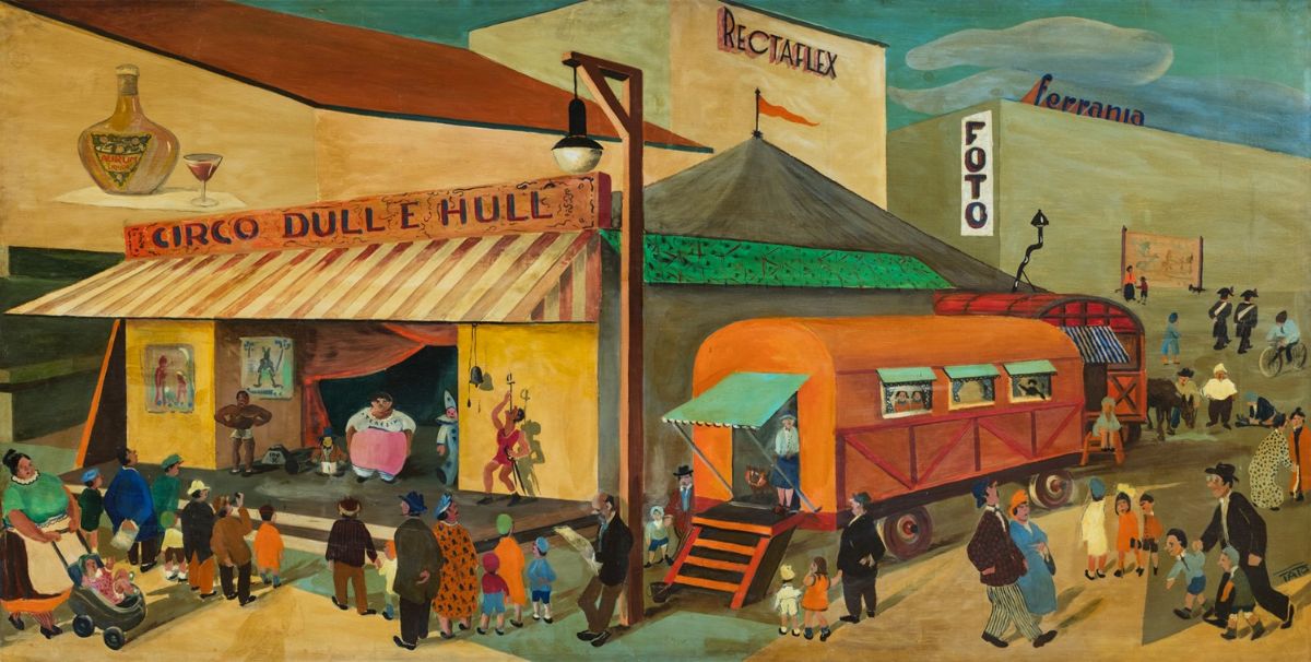 Tato - La fiera, 1928, olio su tavola, 120 x 702 cm (composto da 3 tavole)