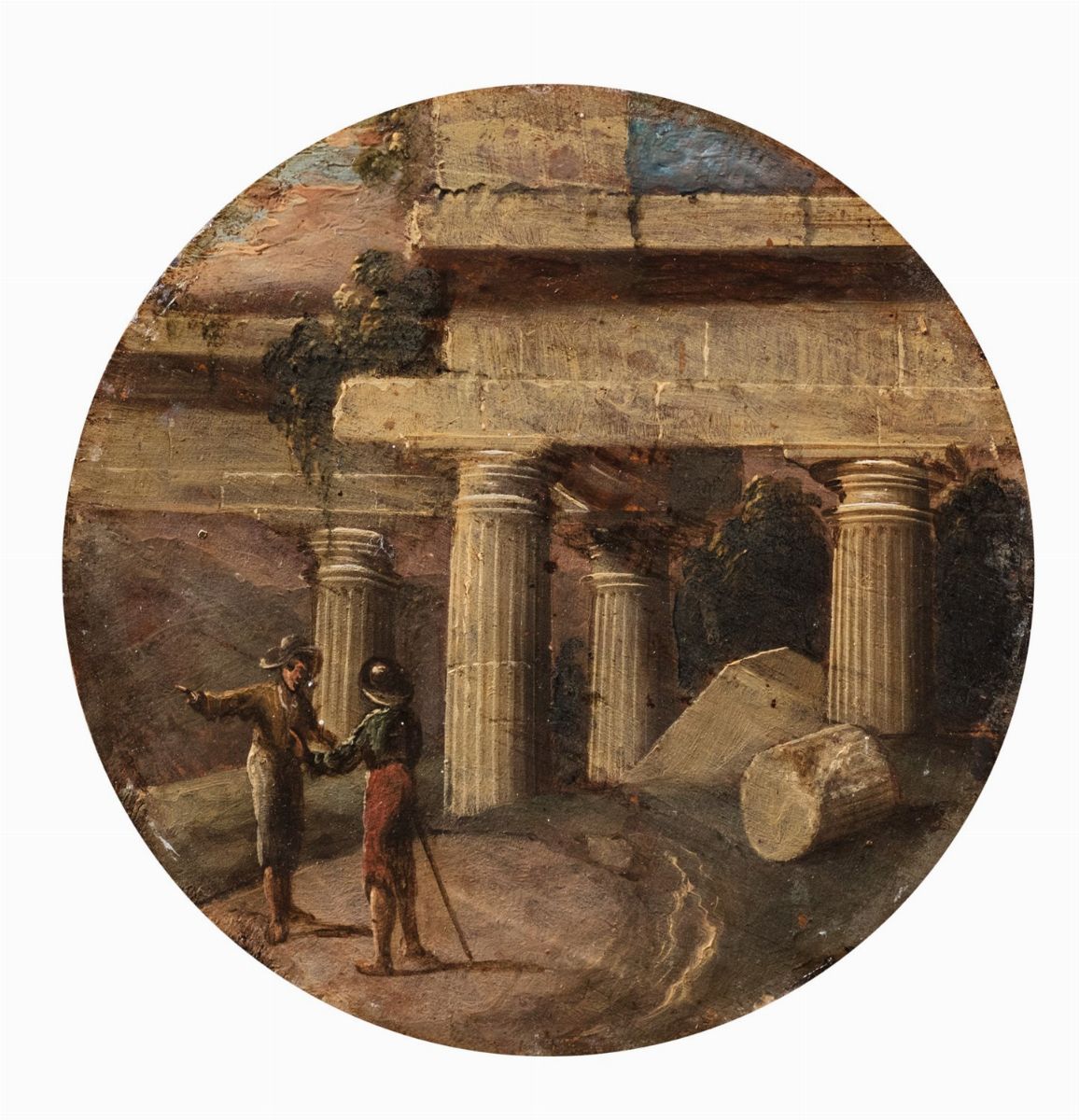 Scuola Romana, Secolo XVII - Autore ignoto, Due capricci architettonici con soldati e popolani in...